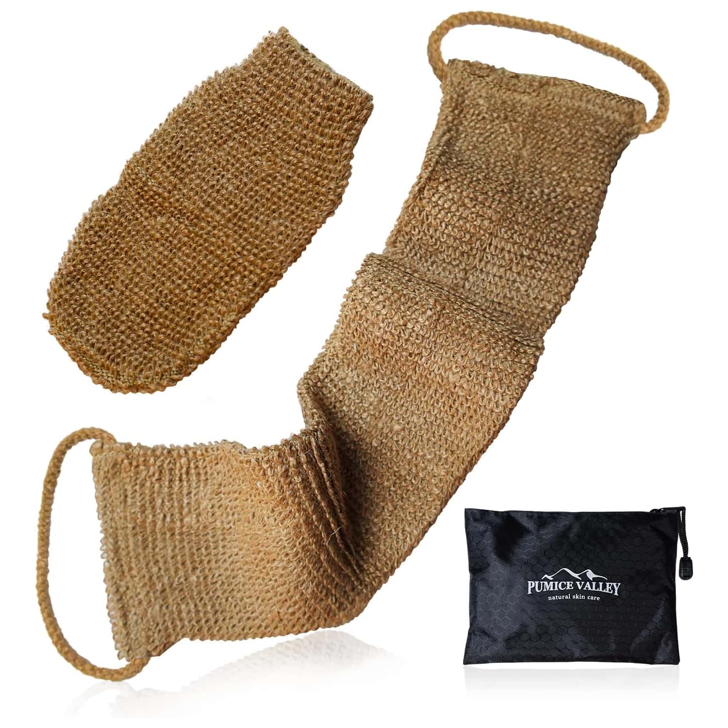 Natural hemp back scrubber set with long back washer and exfoliating glove for shower use.